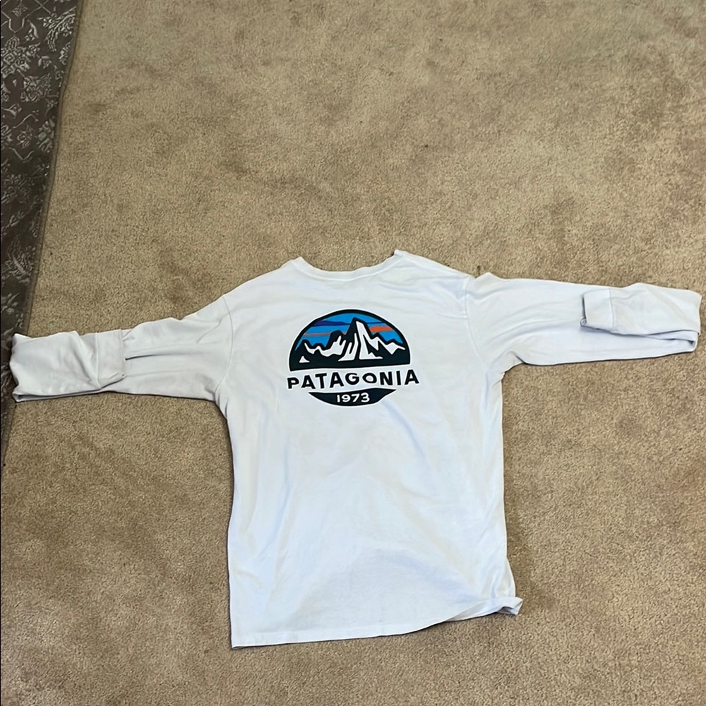 Patagonia White Short Sleeve Tee with Mountain Logo